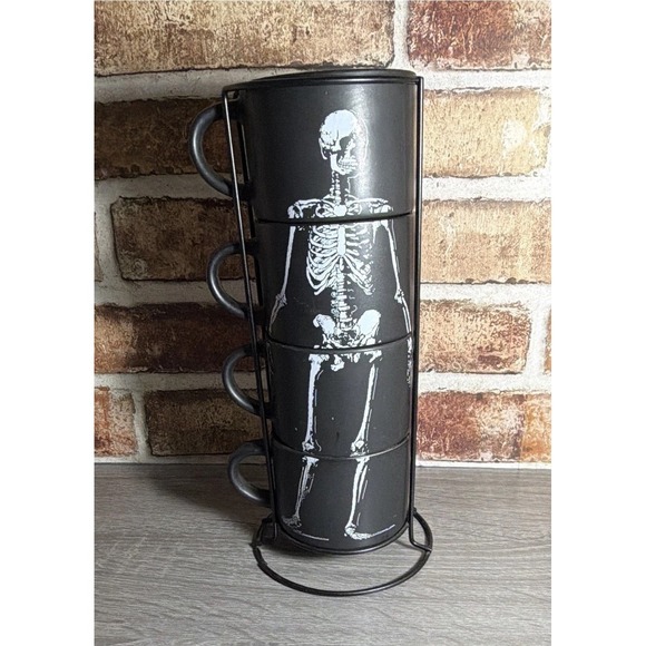 Other - Stackable Skeleton Black Ceramic Coffee Mug Set of 4, 16 fl oz‎ Halloween